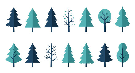 Stylized tree collection: diverse geometric shapes and patterns in two rows vector illustration