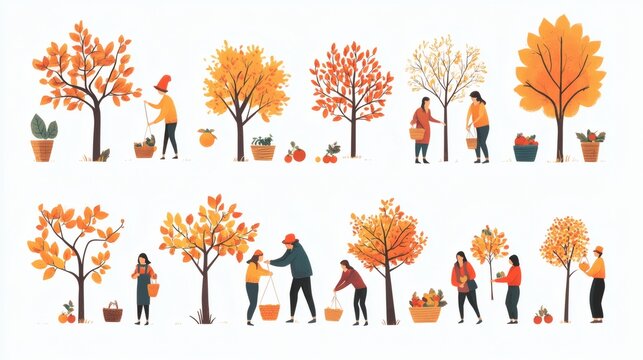 Autumn harvest scene with people picking fruits from trees.