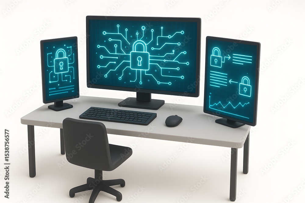 Poster Modern Desktop Setup with Cybersecurity Graphics and Lock Symbols