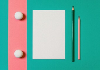 Colorful Stationery Arrangement with Blank Paper and Colored Pencils
