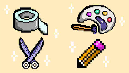 Creative pixel style art icons featuring tape roll, painters palette, purple scissors, and pencil with bright accents and soft background. Concept of creative planner templates or journals