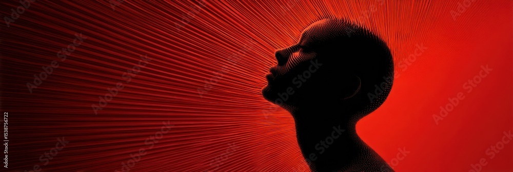 Poster silhouette of a person with tension lines radiating from the head on a vibrant red gradient backgrou