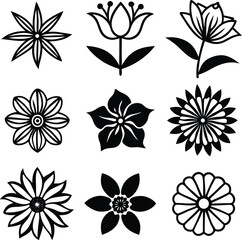 Black Floral Silhouette Icon Set with Decorative Petal Designs and Blooming Flower Illustrations – Vector Collection
