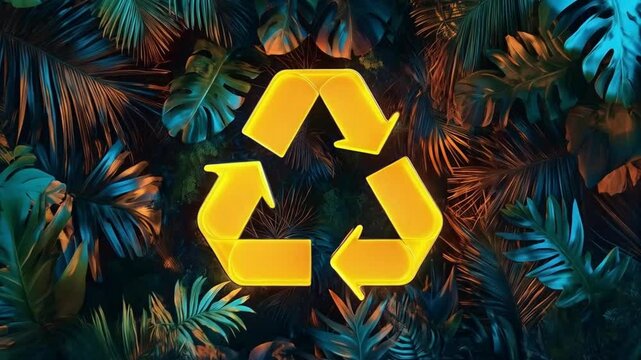 a prominent yellow recycling symbol, composed of three arrows forming a continuous loop, symbolizing environmental sustainability
