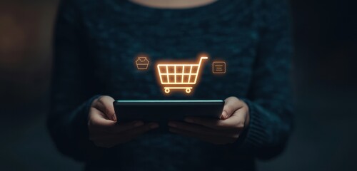 Hands Holding Tablet with Shopping Cart Icon in Dark Background