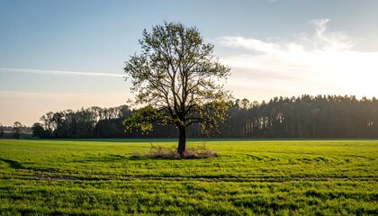Lonely tree in a vibrant green meadow under a sunny sky with scenic nature view.