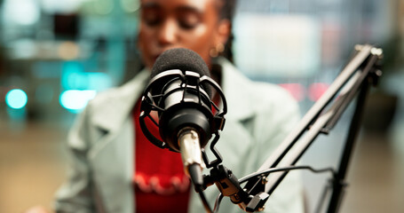 Mic, black woman and speaking in studio for broadcast, podcast recording and chat on talk show....