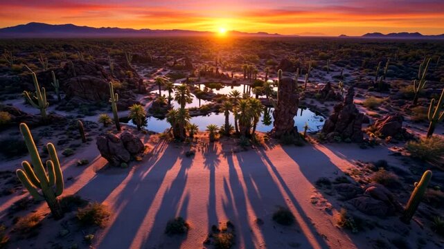 Stunning desert landscape at sunset with cacti casting long shadows over a serene pond
