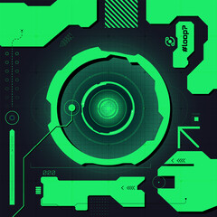 Hi-tech vector UI design in neon green featuring a futuristic data scanner panel, digital loops, radial tech structures, and grid overlays. Concept of digital control, system monitoring, sci-fi