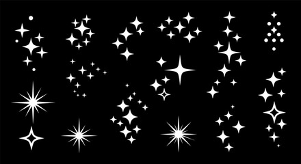 Various sparkling star designs on black background for graphic projects vector illustration