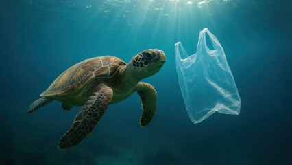 Fototapeta premium Sea turtle encounters floating plastic bag in polluted ocean water