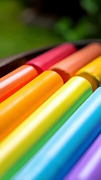 A vibrant close-up of colorful wax crayons arranged in a row, suitable for art, education, and creative projects promotion.