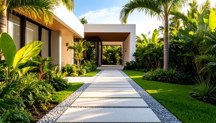 Luxury modern home with lush tropical landscaping with sunny pathway, and entrance.
