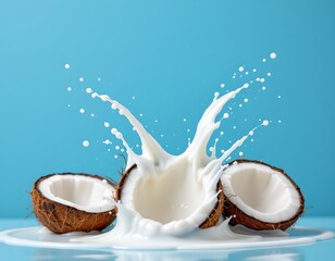 high quality, coconuts bursting open, splashing milk in vibrant blue backdrop, subject at bottom, ample copy space at top for photos.