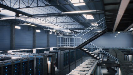 Futuristic Data Center with Server Racks in Big Warehouse. Animated Visualization of Internet...