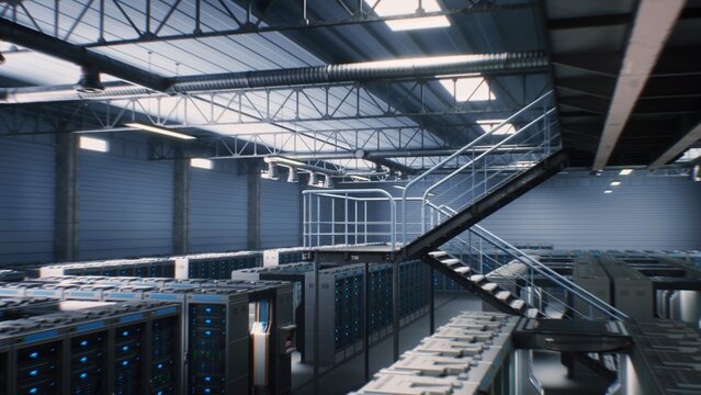 Futuristic Data Center with Server Racks in Big Warehouse. Animated Visualization of Internet Servers, AI Information Technology and Cybersecurity. IOT and Digitalization Concept. VFX Animation.