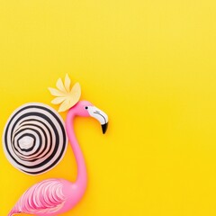 Fototapeta premium Vibrant Flamingo with Striped Hat Against Bright Yellow Background