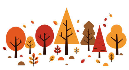 Colorful autumn forest with stylized trees and falling leaves vector illustration
