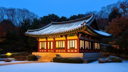 Fototapeta premium A serene winter scene showcases a traditional building adorned in vibrant colors, surrounded by lightly snow-covered bushes, This image can be used for travel articles, cultural promotions