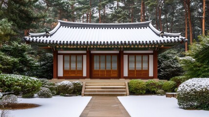 Fototapeta premium A serene traditional building covered in snow, surrounded by lush greenery, Ideal for promoting tranquility, relaxation, or cultural themes in travel brochures, websites, or wellness materials,