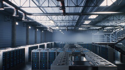 Futuristic Data Center with Server Racks in Big Warehouse. Animated Visualization of Internet Servers, AI Information Technology and Cybersecurity. IOT and Digitalization Concept. VFX Animation.