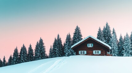 Naklejka premium A cozy wooden cabin nestled amidst snow-capped trees, set against a pastel sky, Perfect for winter decor, travel brochures, or serene landscape backgrounds,