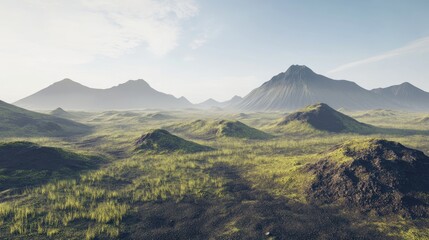 Obraz premium Serene Mountain Landscape with Rolling Hills and Vibrant Greenery Under Clear Blue Sky