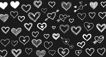 Hand-drawn heart sketches on black background vector illustration