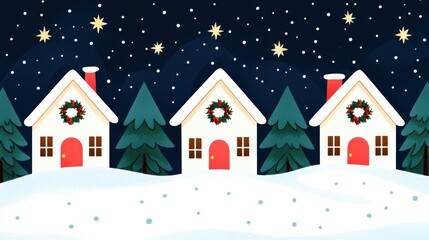 Fototapeta premium A whimsical winter scene featuring snow-covered houses adorned with wreaths and evergreens under a starry night sky, Perfect for holiday-themed designs, greeting cards, or seasonal promotions,
