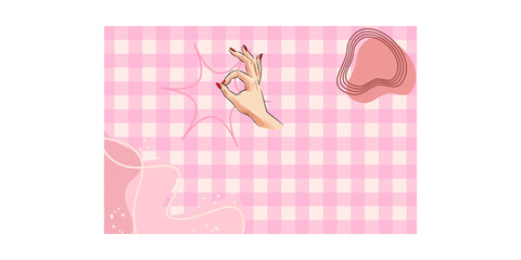 A stylish illustration of a female hand making the OK gesture over a pink plaid background with playful abstract shapes. Suitable for fashion designs, pop art concepts, or modern social media graphics
