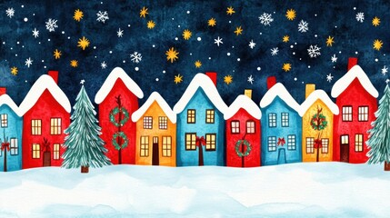 Fototapeta premium A charming winter scene showcases colorful houses adorned with wreaths and surrounded by snow under a starry night, Perfect for holiday-themed designs, cards, or festive marketing materials,