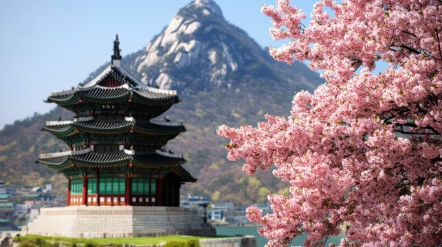 A stunning image showcasing a traditional pagoda surrounded by vibrant pink cherry blossoms with a mountainous backdrop, Ideal for projects related to travel, culture, and nature,