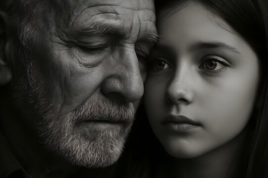 Introspective Black and White Close-Up Portraits of Elderly Man and Young Girl with Emotional Eyes

