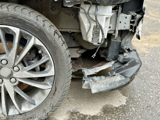 Car is severely damaged following a collision and road accident incident recently. This image...