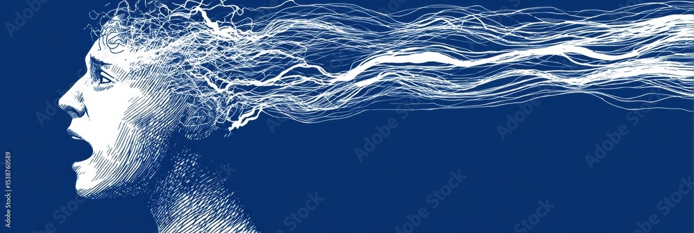 Poster stylized head representing anxiety and stress with exploding lines emanating from the temple showcas
