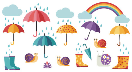 Colorful rainy day elements with umbrellas, snails, and rainbow vector illustration