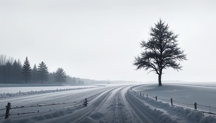 A solitary tree stands sentinel on a snowy road.