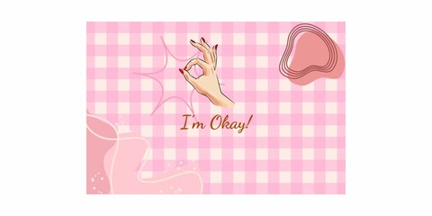 A stylish illustration of a female hand making the OK gesture over a pink plaid background with playful abstract shapes. Suitable for fashion designs, pop art concepts, or modern social media graphics