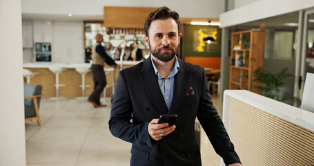 Phone, walking and business man at hotel for guest, conference itinerary and booking reservation. Expo schedule, networking and event venue with person for online, keynote speaker list and travel