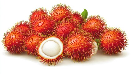 Pile of exotic rambutan fruits with red spiky skin and one fruit peeled open