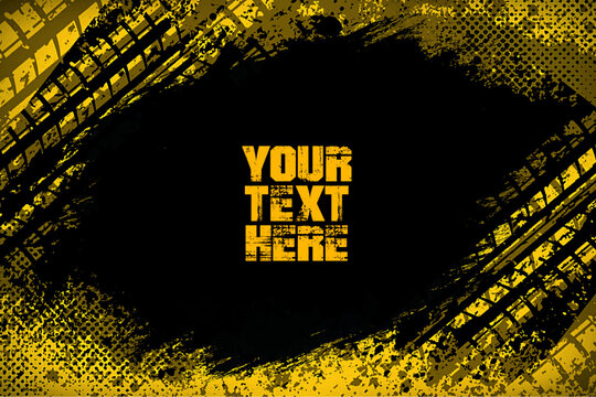Grunge style banner with black brush stain in the center, halftone dot texture, yellow background with tire tracks. Editable design for custom text. Perfect for urban-themed projects.