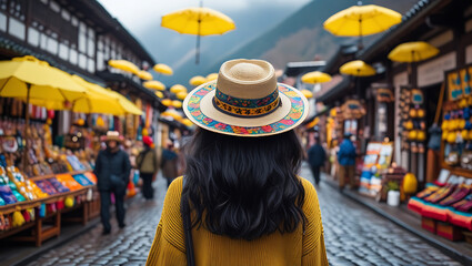 Obraz premium Rear view of a young girl in yellow dress and hat exploring village market and travelling