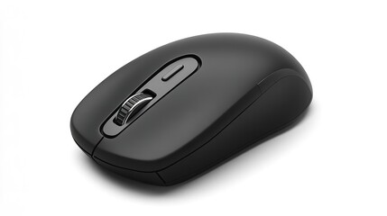 A sleek black wireless computer mouse with a scroll wheel and two buttons, designed for ergonomic use and smooth navigation.
