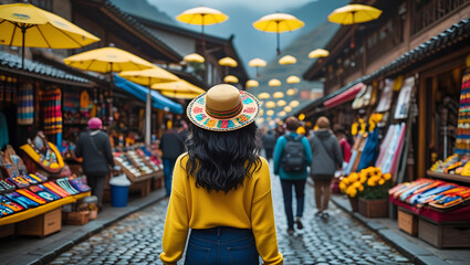 Rear view of a young girl in yellow dress and hat exploring village market and travelling
