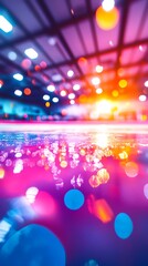 Colorful stage lights reflecting on glossy floor, warehouse event