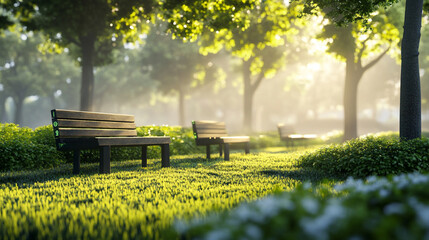 Fototapeta premium Benches in a park with morning light shining through the trees and a grassy area in the foreground