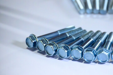 Close up scene the group of galvanize bolts with hexagon head with thread for use with nuts.