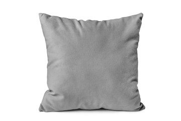 Decorative gray velvet rectangular pillow for sleeping and resting isolated on white, transparent background. Cushion for home interior decor, pillowcase mockup, template for design.