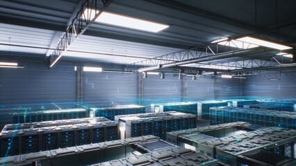 Naklejka premium Modern Data Technology Center with Server Racks in Large Storage with VFX Animation. Animated Visualization of Data Flow, Internet Traffic on Servers. AI Digitalization and Internet of Things Concept.