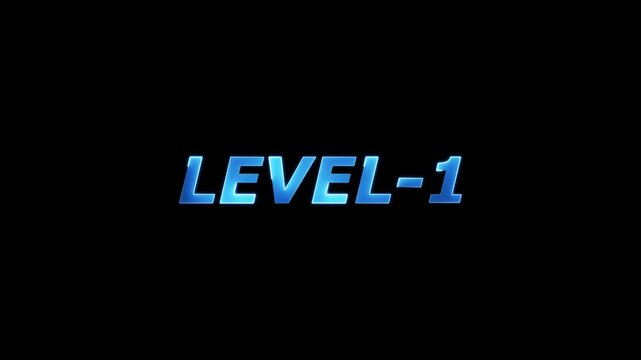Animated level 1 text graphic with blue glowing effect on black background